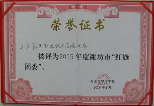 我院团委被共青团潍坊市委授予2015年度潍坊市"红旗团委"荣誉称号